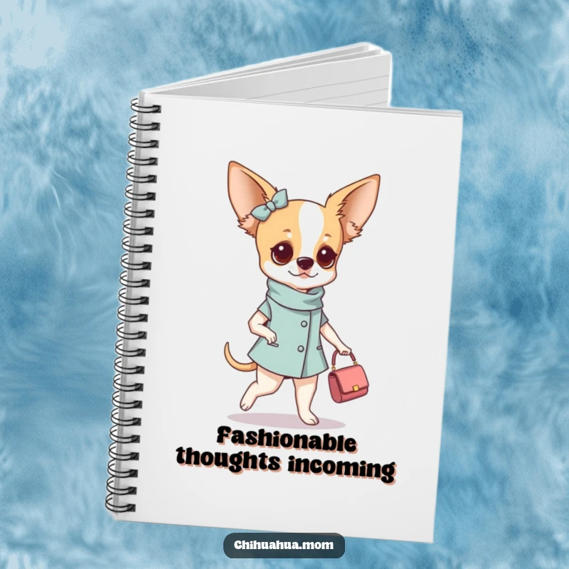 Funny fashionable chihuahua woman notebook featuring her strutting with a tiny purse, ideal for jotting down stylish thoughts and ideas.