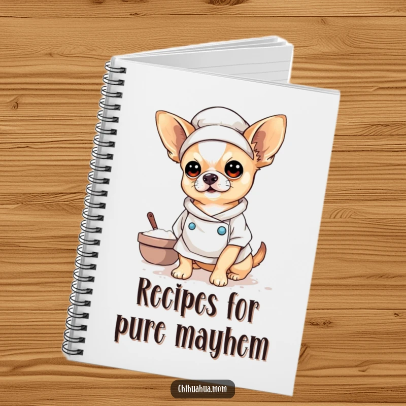 Funny Baker Chihuahua Notebook with a flour-dusted chihuahua on the cover, perfect for jotting down funny baking ideas.