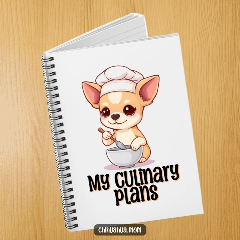 Funny Chihuahua Notebook, featuring a chihuahua chef stirring a small bowl on the cover, perfect for jotting down culinary ideas.