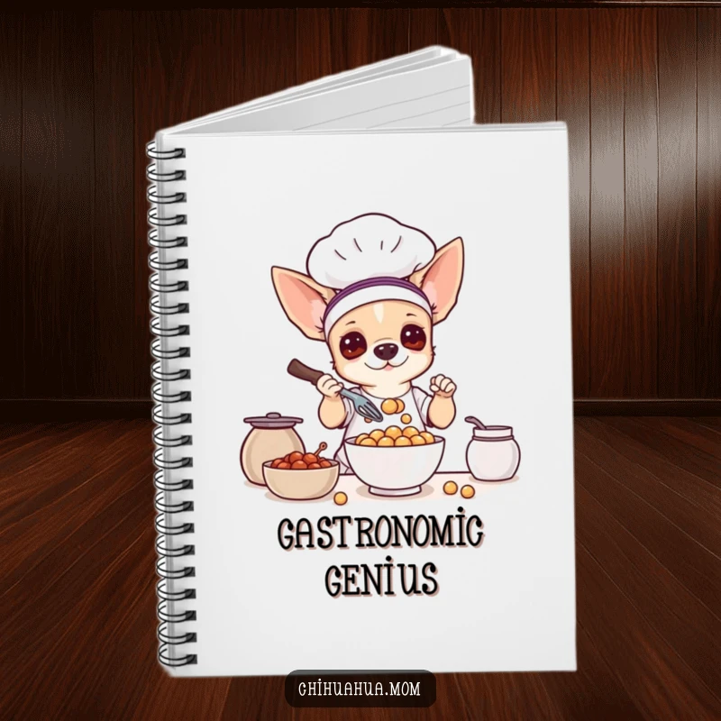 Funny notebook cover: a chihuahua dog dressed as a chef, whisking a bowl of small treats.