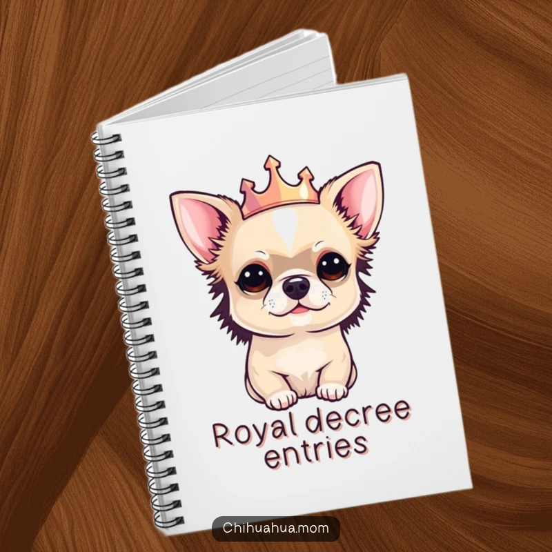 Funny Chihuahua notebook cover with a small chihuahua wearing a tiny crown, perfect for jotting down regal thoughts.