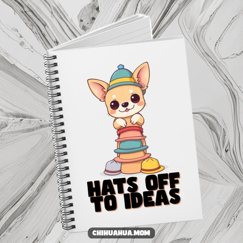 Funny chihuahua hat notebook. A chihuahua balances a tower of tiny hats, ideal for jotting down notes and ideas with a touch of quirky humor.