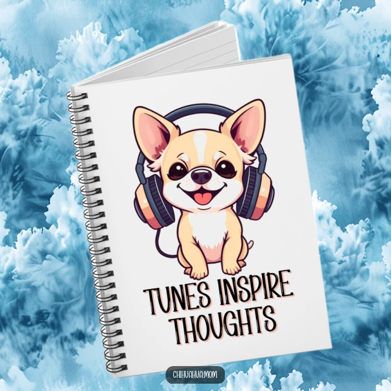 Funny Notebook: a chihuahua gleefully wearing large headphones, perfect for jotting down ideas with a humorous, musical theme.