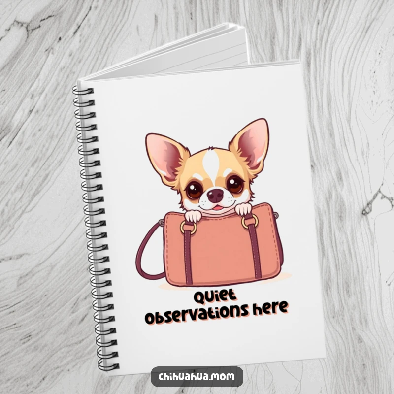 Funny chihuahua peeking from behind a designer handbag, creating a humorous cover for a notebook.
