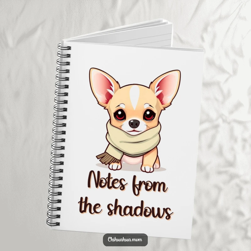 Funny Notebook: a chihuahua wearing a silly scarf peeks out, perfect for jotting down notes with a humorous, playful vibe.