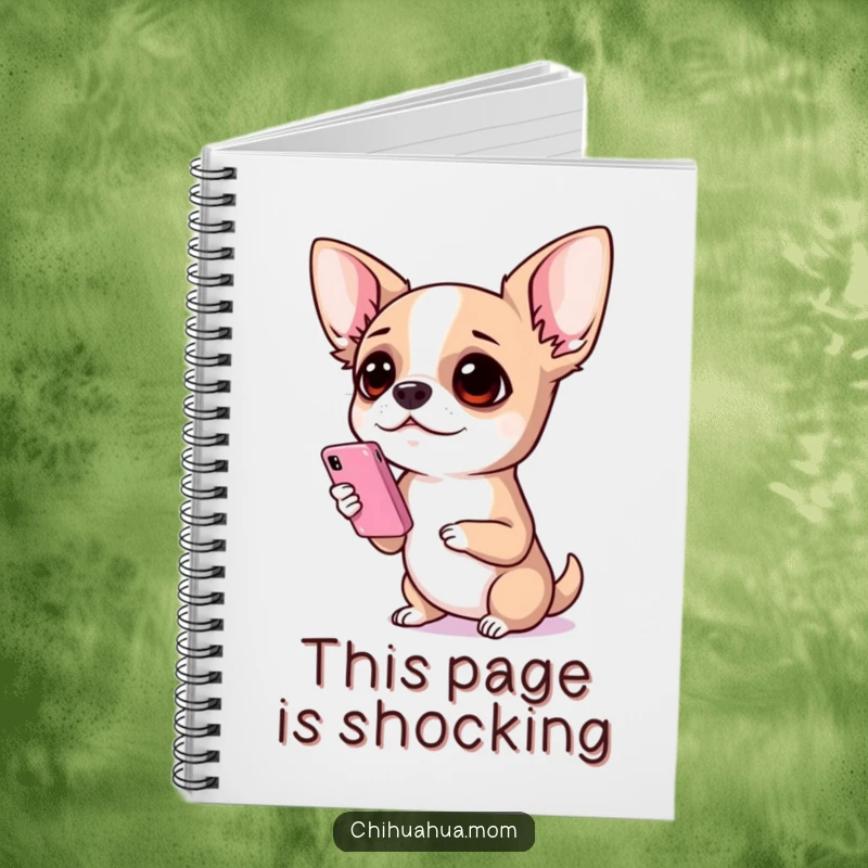 Funny Chihuahua Notebook: A chihuahua holding a miniature phone with wide, surprised eyes, ready to document shocking thoughts and ideas.
