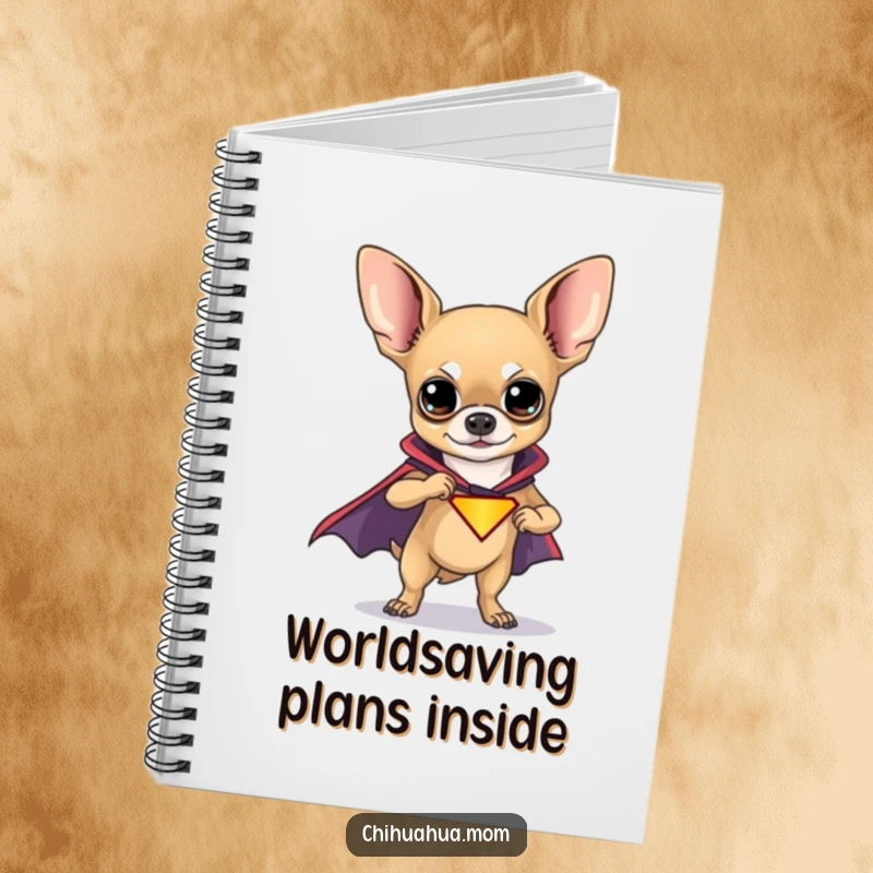 Funny Chihuahua Superhero Notebook with a chihuahua in a cape on the cover, ready to help you jot down funny notes.