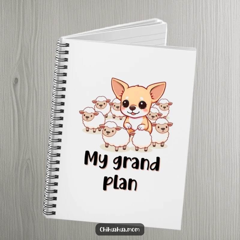 Funny determined chihuahua herding tiny sheep on a notebook, ideal for planning and jotting notes.