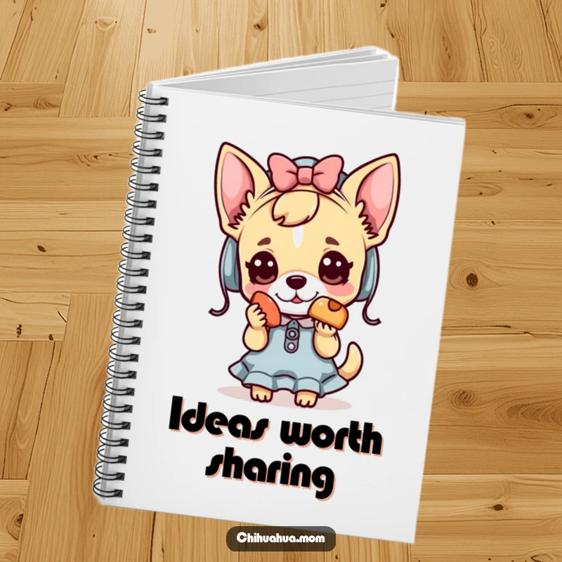 Funny Kawaii chihuahua lady notebook with a cute character offering a treat, for notes and doodles.