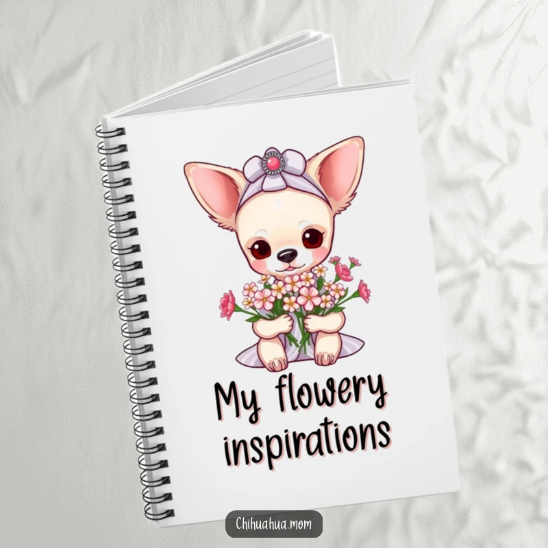 Funny pampered chihuahua lady notebook featuring her receiving a bouquet of tiny flowers, ideal for jotting down sweet thoughts and plans.