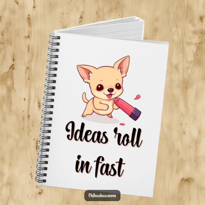 Funny notebook featuring a chihuahua playfully chasing a rolling lipstick, perfect for writers.