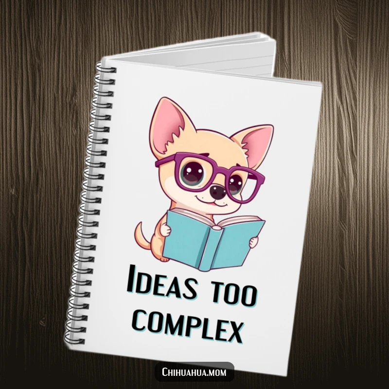 Funny notebook with a chihuahua wearing oversized glasses, looking confused at a book, perfect for notes.