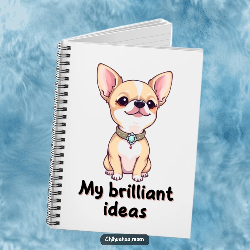 Funny proud chihuahua wearing a tiny, bejeweled collar, featured on the cover of a humorous notebook.