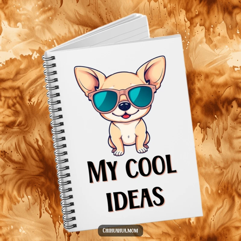Funny notebook cover with a cute chihuahua wearing oversized sunglasses, striking a confident pose, inspiring bold ideas and confident note-taking.