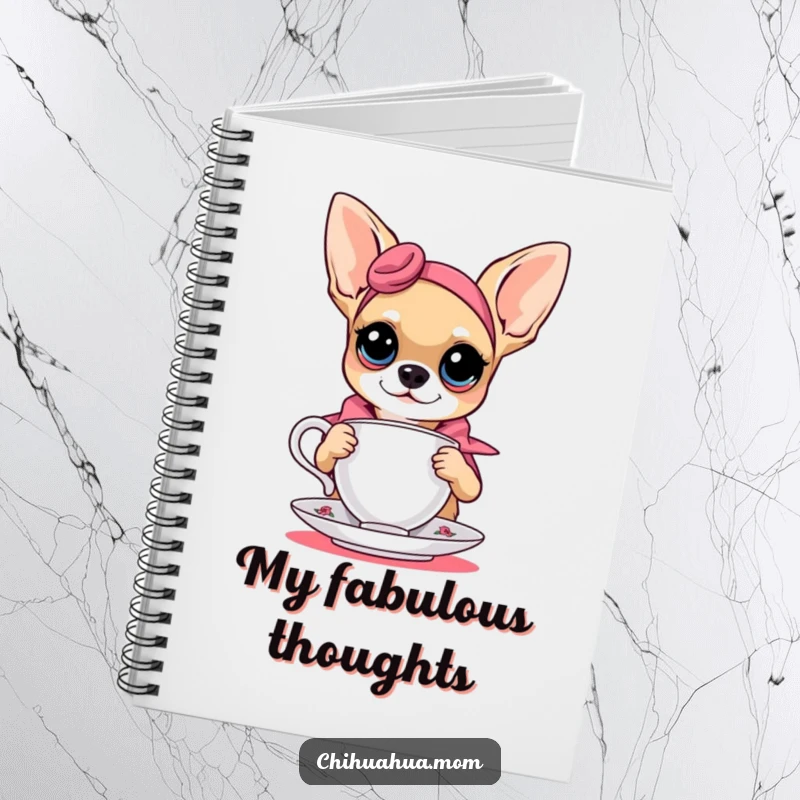 Funny chihuahua posing elegantly with a teacup, perfect for a stylish and humorous notebook cover.