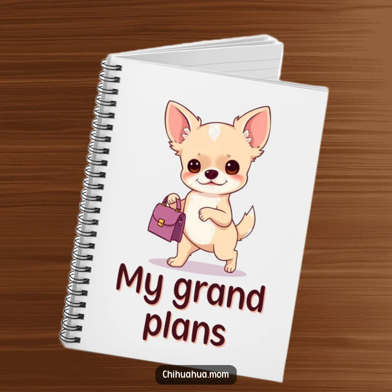 Funny notebook featuring a chihuahua carrying a handbag with a determined stride, ideal for jotting notes with a humorous, fashionable theme.