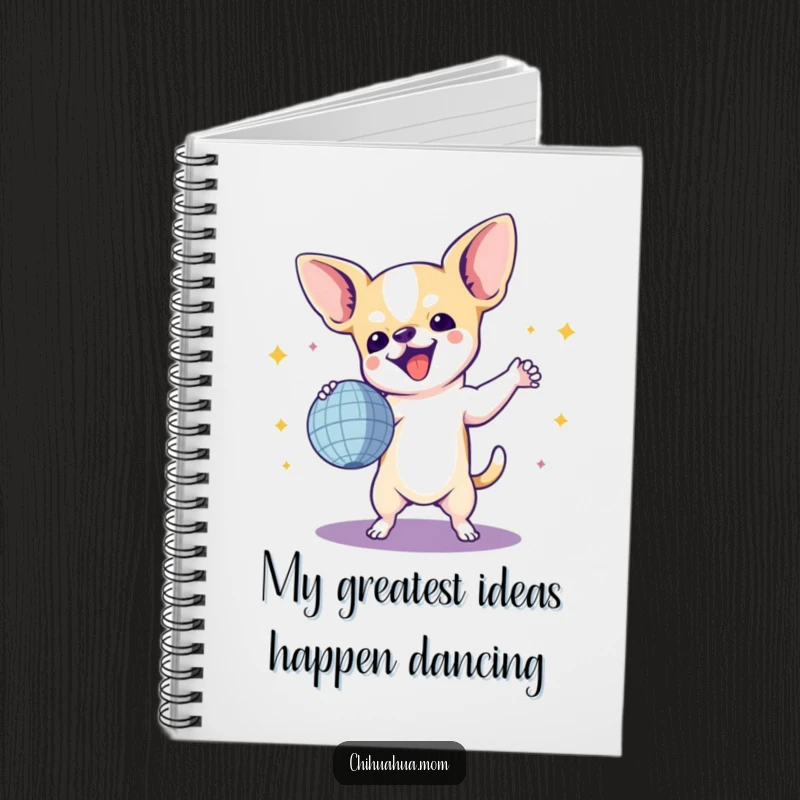 Funny Chihuahua Notebook: A chihuahua performing a joyful dance routine with a disco ball, ready to capture bright ideas and doodles.