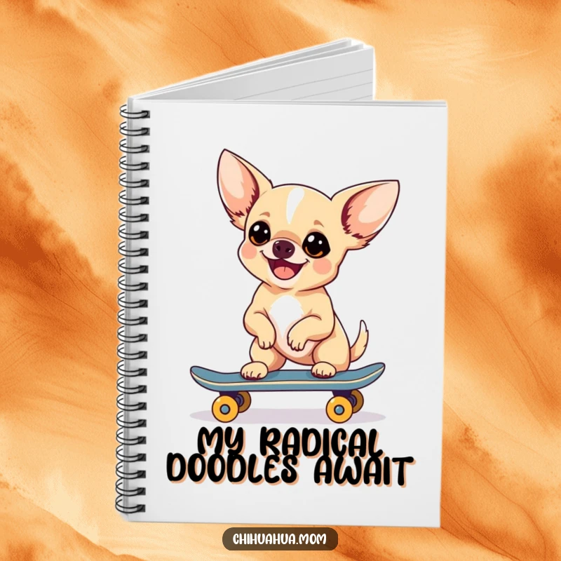 Funny Chihuahua Skateboarder Notebook with a chihuahua mid-skateboard trick, inspiring creative thoughts.