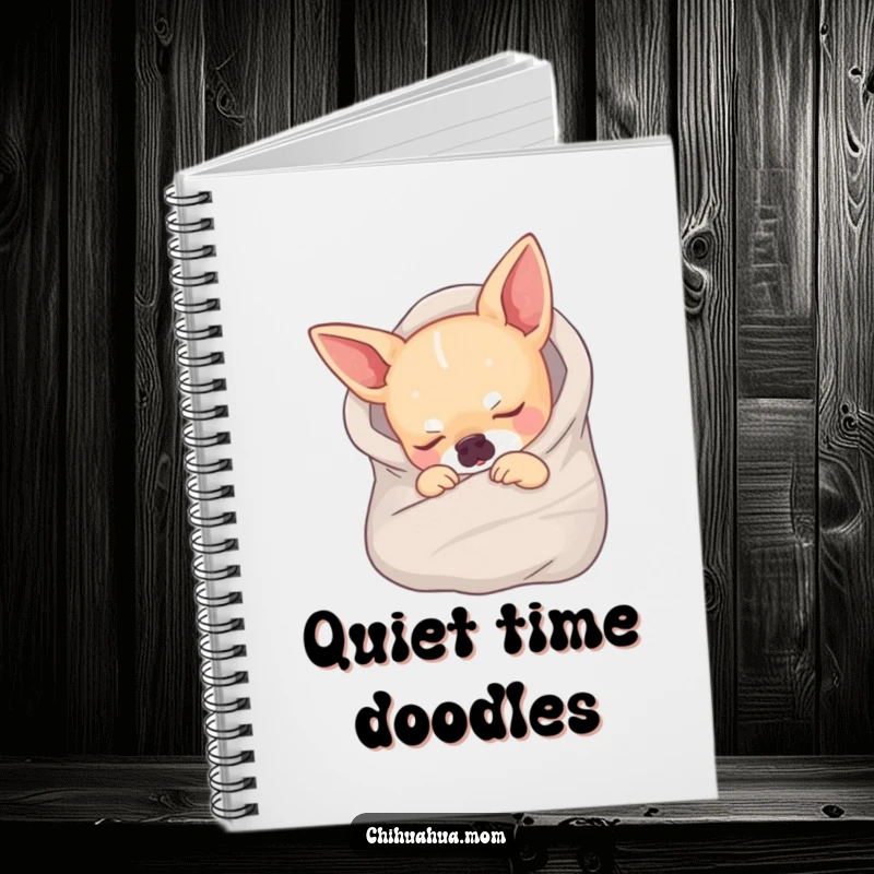 Funny notebook with a chihuahua wrapped in a tiny blanket, fast asleep, perfect for notes and journaling.