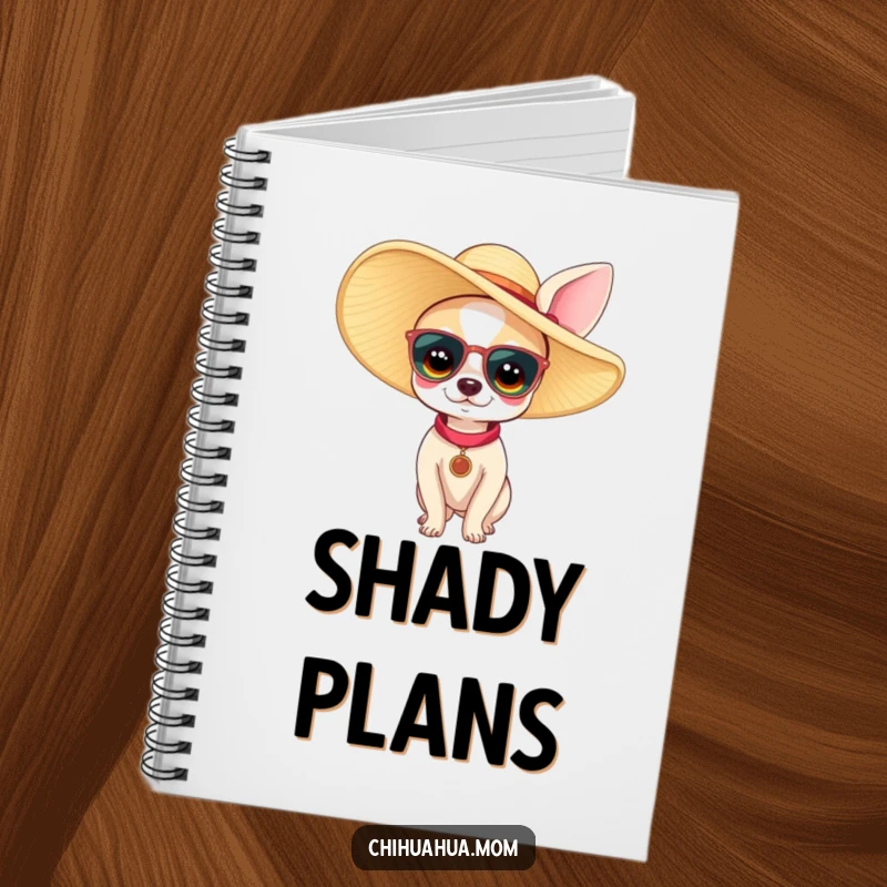 Funny chihuahua woman notebook showing a tiny dog wearing a large sun hat. Perfect for jotting down notes with a humorous dog-themed cover.