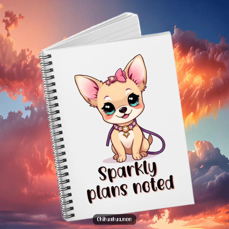 Funny kawaii chihuahua lady character writing in a notebook, adorned with a sparkly collar and leash, a humorous scene.