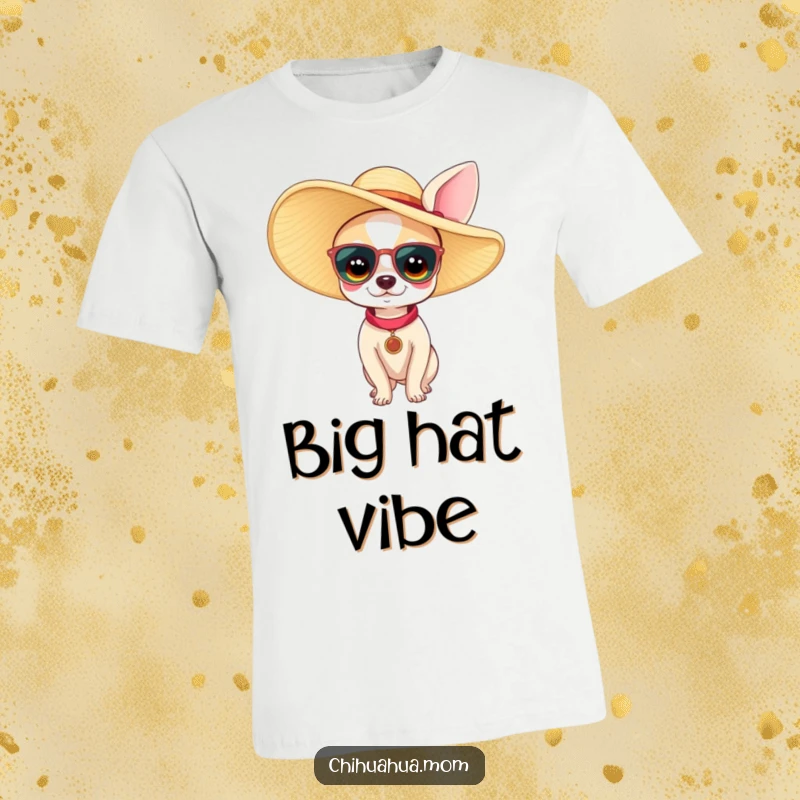 Funny chihuahua woman t-shirt depicting a tiny dog wearing a very large sun hat. Hilarious and stylish apparel for fans of small, fashionable dogs.