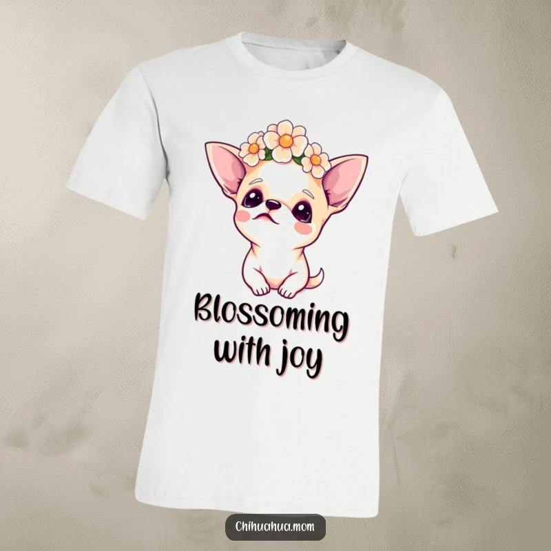 Funny Chihuahua T-Shirt, adorned with a flower crown, looking upwards with a gentle, hopeful gaze, a whimsical fashion statement.
