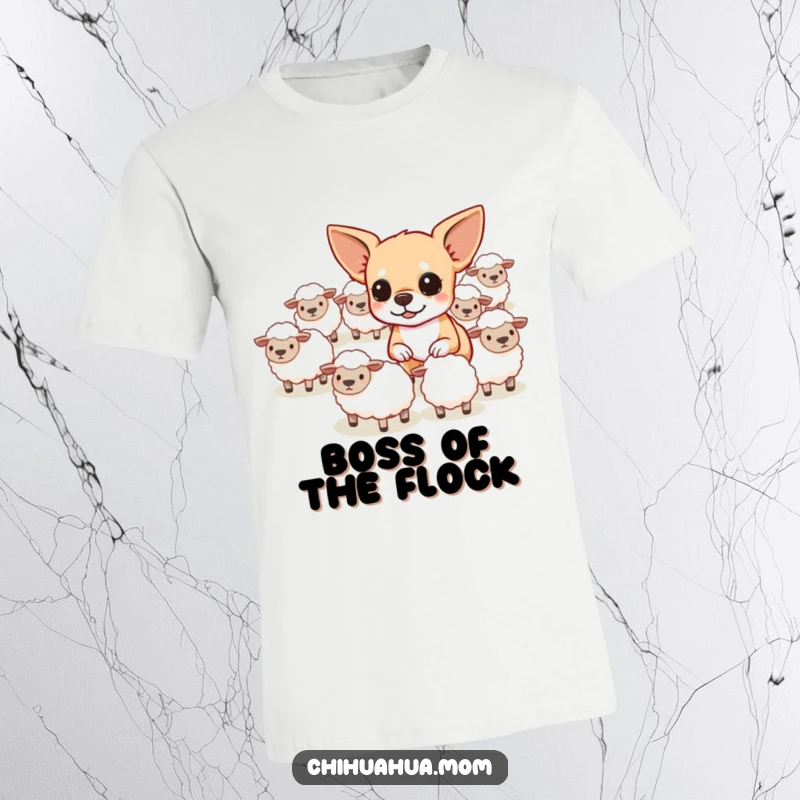 Funny determined chihuahua attempting to herd tiny sheep, printed on a humorous t-shirt.