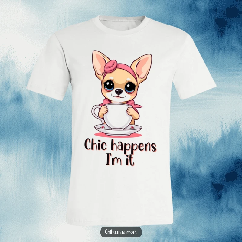 Funny chihuahua striking a model pose with a teacup, embodying high fashion and humor on a comfortable t-shirt.