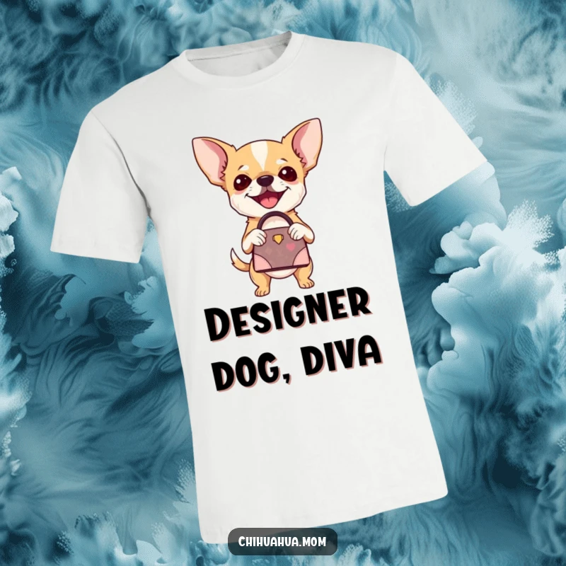 Funny Chihuahua T-Shirt: A happy chihuahua clutches a miniature designer handbag with immense joy. A stylish funny gift.