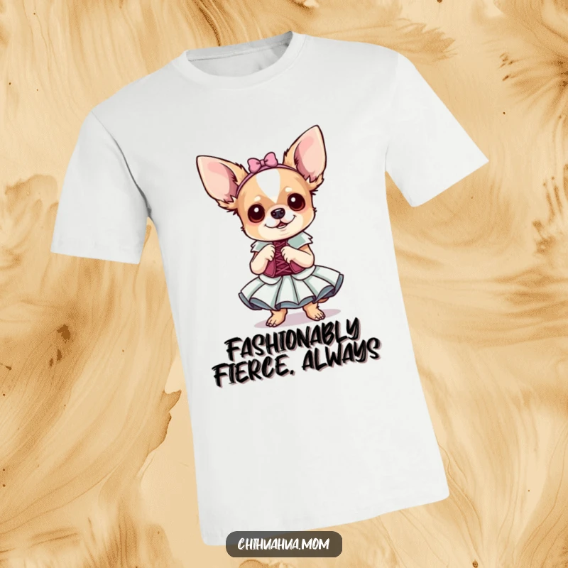 Funny Chihuahua T-Shirt: A tiny dog in a fancy dress poses dramatically. Hilarious fashion statement gift.