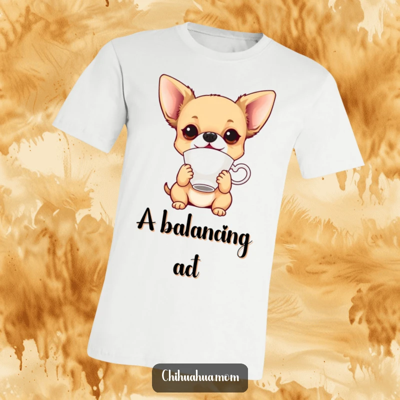 Funny playful chihuahua balancing a teacup on its nose, printed on a humorous t-shirt.