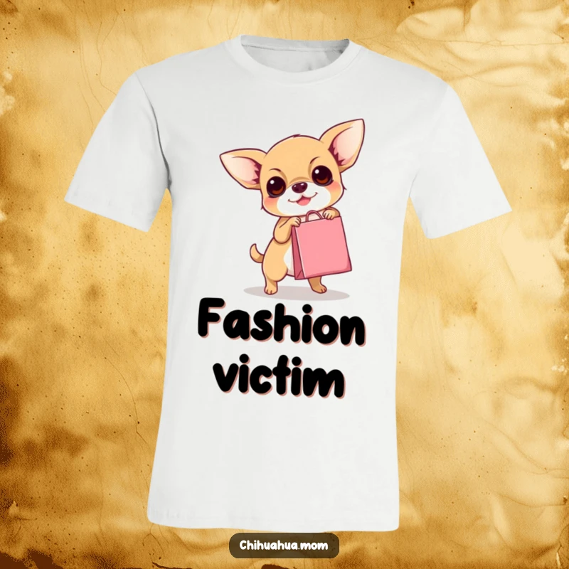 Funny Chihuahua T-Shirt: Cute dog comically attempting to carry a miniature shopping bag, full of ambition.