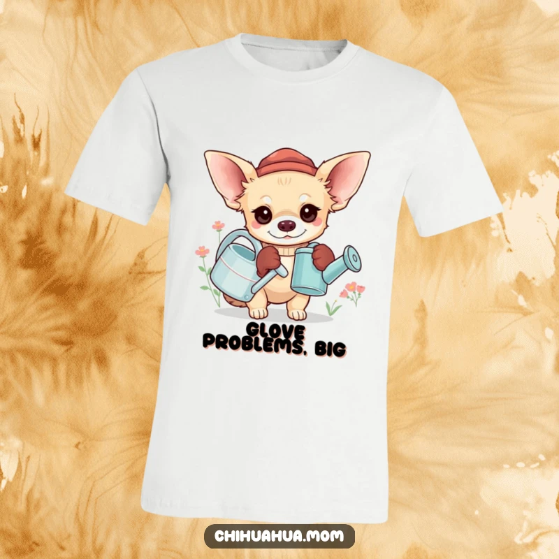 Funny Chihuahua Gardener T-Shirt: A chihuahua wears oversized gloves and holds a tiny watering can, tending plants, gift.