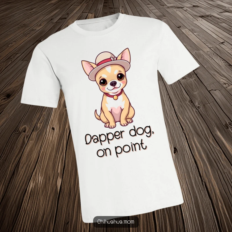 Funny T-Shirt depicting a chihuahua dressed in a small, elegant hat, posing with pride, a stylish canine.