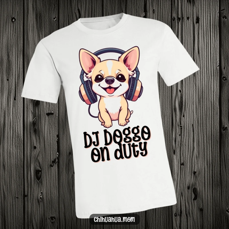 Funny T-Shirt: a chihuahua wearing oversized headphones with a gleeful expression, ready to jam out to some tunes.