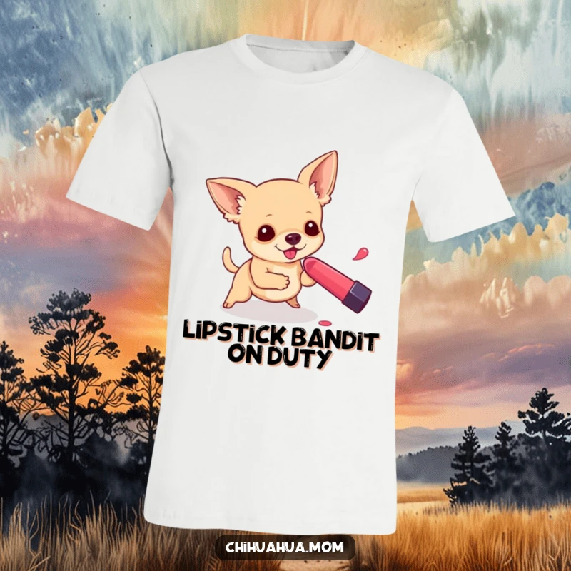 Funny T-Shirt depicting a chihuahua in hot pursuit of a rolling lipstick, a comical and energetic scene.