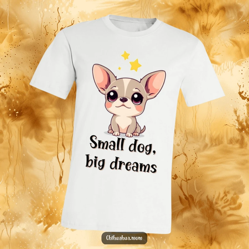 Funny Chihuahua T-Shirt: A small dog with huge, inquisitive eyes looking up at a glowing falling star in the night sky.