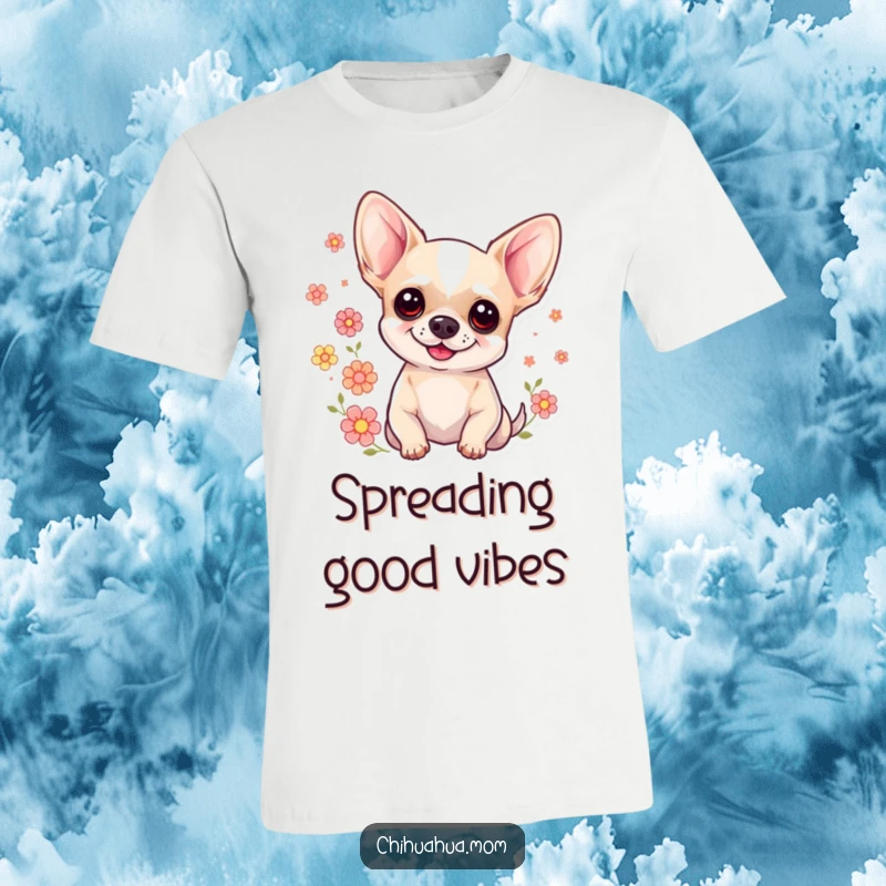 Funny Floral Chihuahua T-Shirt: A happy chihuahua surrounded by floating flowers. Cute and humorous dog apparel.