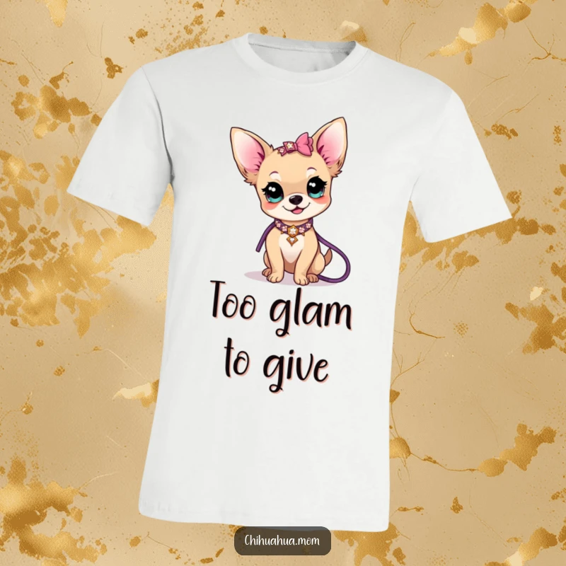 Funny kawaii chihuahua lady character wearing a sparkly collar and leash, looking fabulous on a humorous t-shirt.