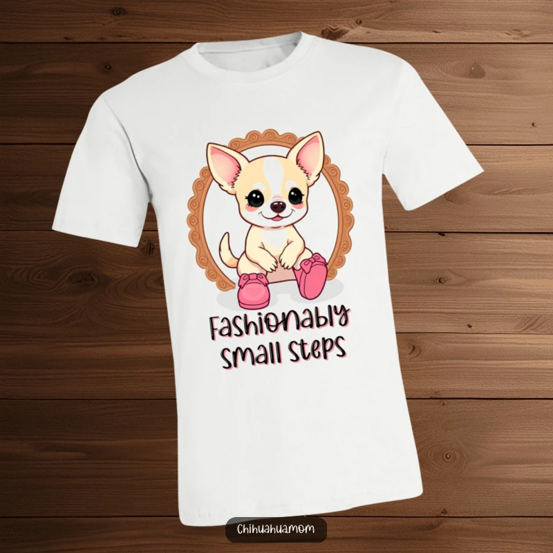 Funny kawaii chihuahua lady character precariously balanced in doll shoes, on a humorous and stylish t-shirt.