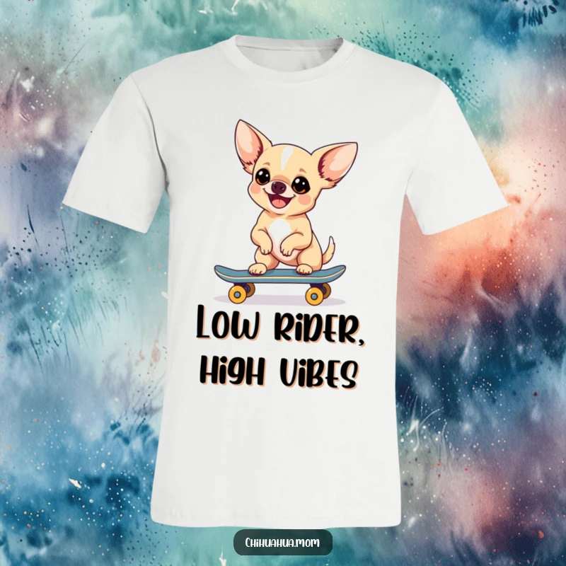 Funny Chihuahua Skateboarder T-Shirt featuring a cool dog doing a skateboard trick, radiating fun and energy.