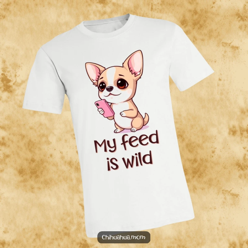Funny Chihuahua T-Shirt: A chihuahua holding a mini phone, eyes wide with shock and disbelief, capturing a moment of hilarious surprise.