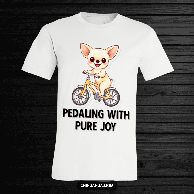 Funny t-shirt illustrating a chihuahua joyfully riding a small bicycle, radiating happiness and a carefree spirit with humor.