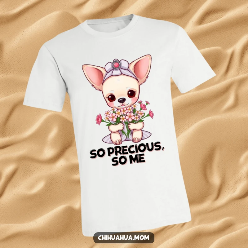 Funny pampered chihuahua lady t-shirt showing her receiving a delicate bouquet of tiny flowers with a look of pure joy and indulgence.