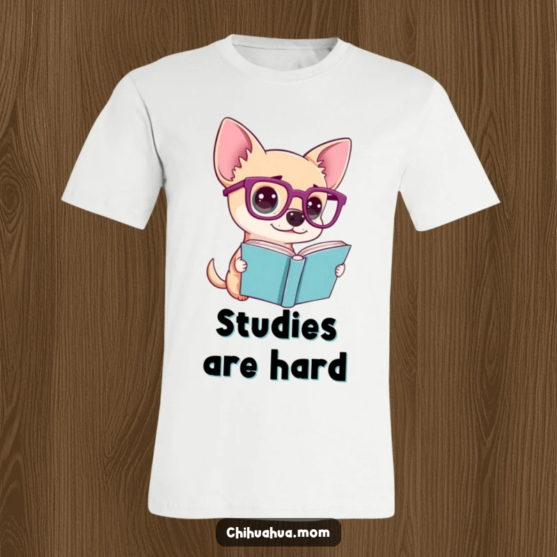 Funny t-shirt displaying a chihuahua with oversized glasses looking bewildered while attempting to read a book.