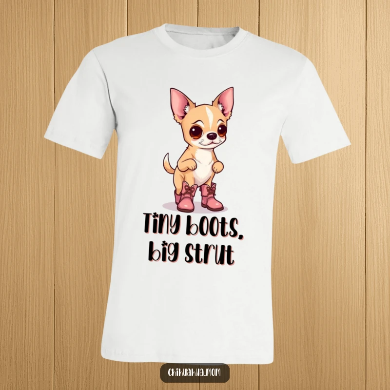 Funny t-shirt featuring a chihuahua wearing tiny boots, prancing proudly with a confident and stylish gait, celebrating canine fashion.