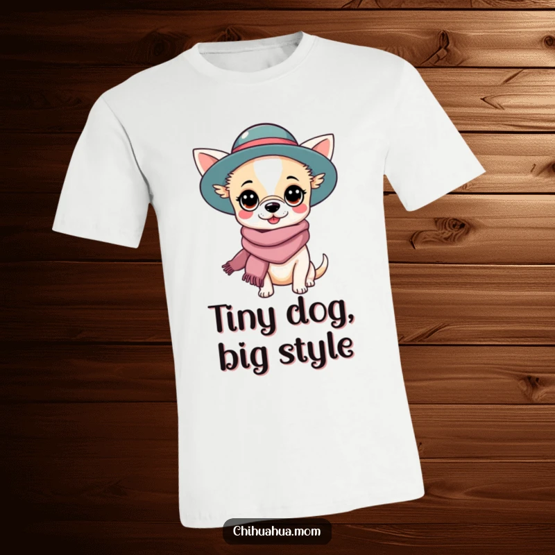Funny Chihuahua Lady T-Shirt: A kawaii character dressed in a trendy hat and scarf, exuding style and humor. Great funny gift.