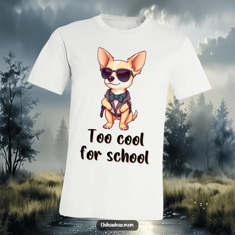 Funny Chihuahua t-shirt depicting a stylish chihuahua posing confidently with a chic accessory, radiating self-assurance.