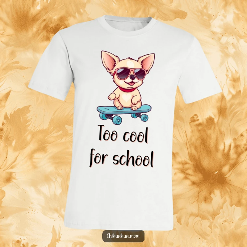 Funny Skater Chihuahua T-Shirt: A dog in sunglasses rides a skateboard. Awesome and funny gift.